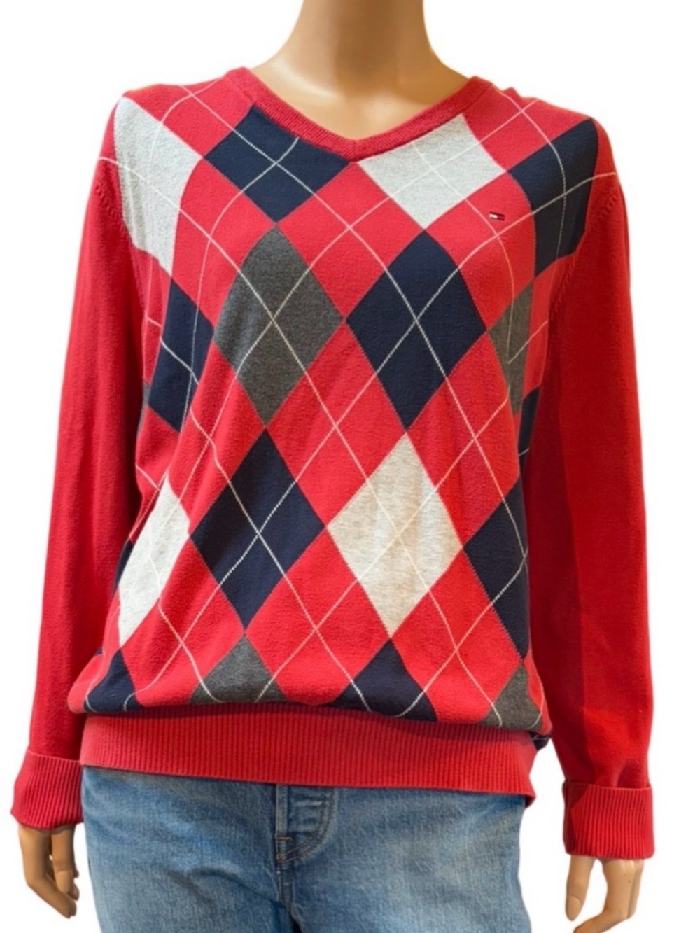 Tommy Hilfiger Red Argyle V-Neck Sweater with Navy & White Diamonds Large EUC
